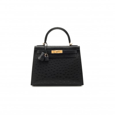 HERMÈS MASTER A BLACK OSTRICH KELLY 25 WITH GOLD HARDWARE (25*17*7cm) 